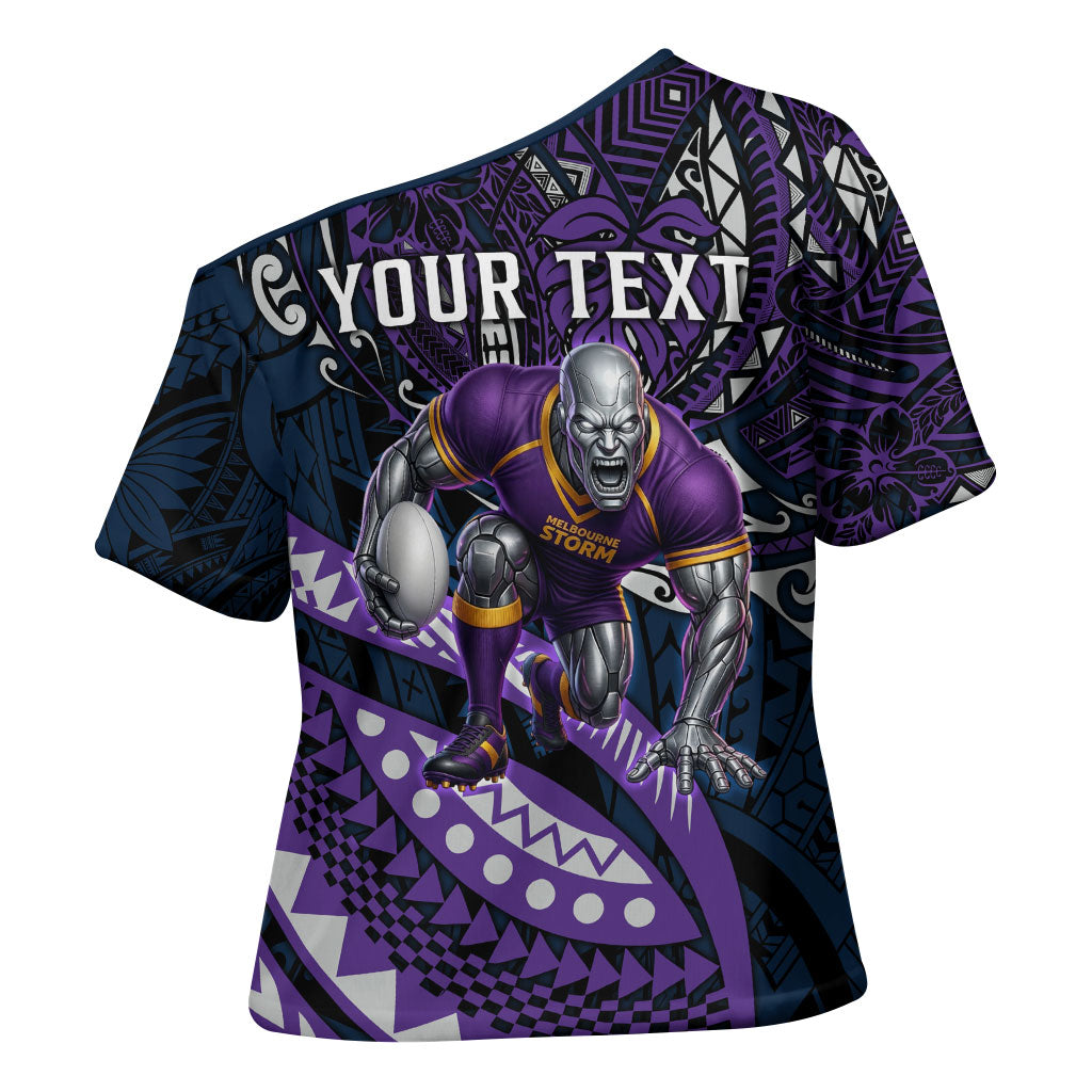 Personalised Melbourne Storm Cross Shoulder Shirt Polynesian Tribal Art Style With Cyborg Storm Mascot
