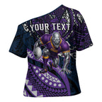 Personalised Melbourne Storm Cross Shoulder Shirt Polynesian Tribal Art Style With Cyborg Storm Mascot