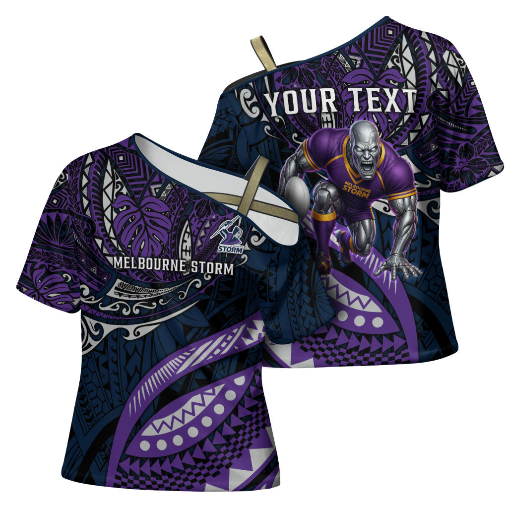 Personalised Melbourne Storm Cross Shoulder Shirt Polynesian Tribal Art Style With Cyborg Storm Mascot