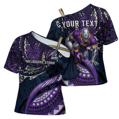 Personalised Melbourne Storm Cross Shoulder Shirt Polynesian Tribal Art Style With Cyborg Storm Mascot