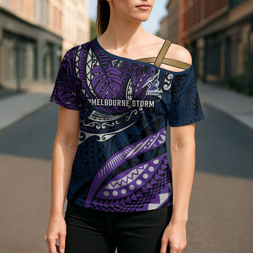 Personalised Melbourne Storm Cross Shoulder Shirt Polynesian Tribal Art Style With Cyborg Storm Mascot