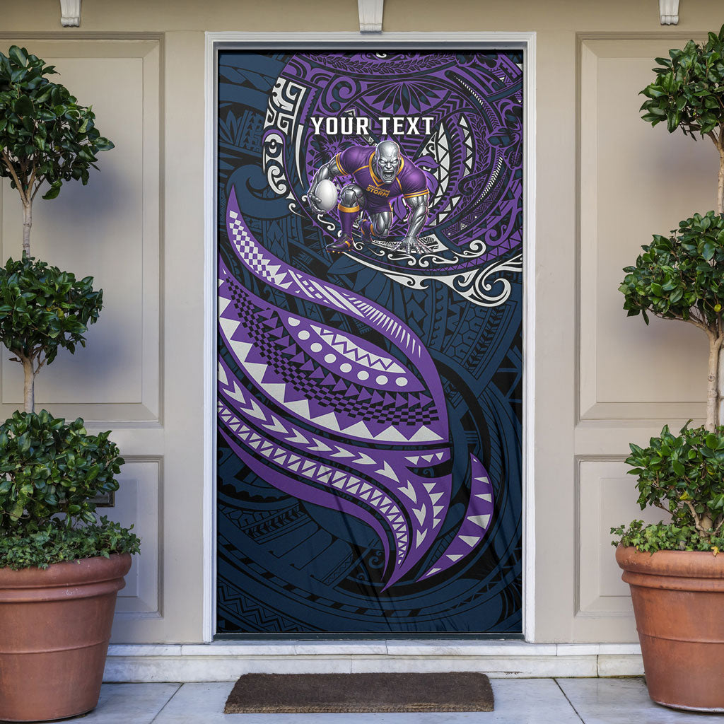 Personalised Melbourne Storm Door Cover Polynesian Tribal Art Style With Cyborg Storm Mascot