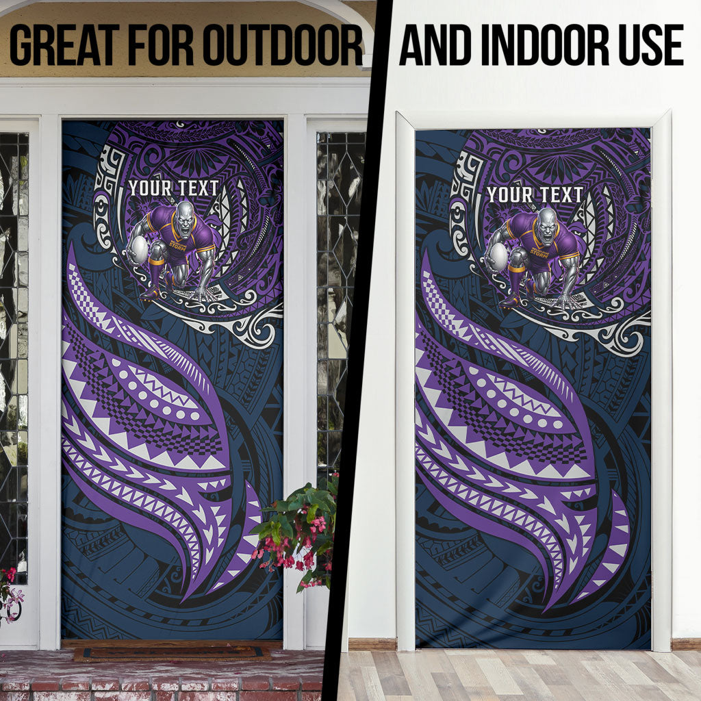 Personalised Melbourne Storm Door Cover Polynesian Tribal Art Style With Cyborg Storm Mascot