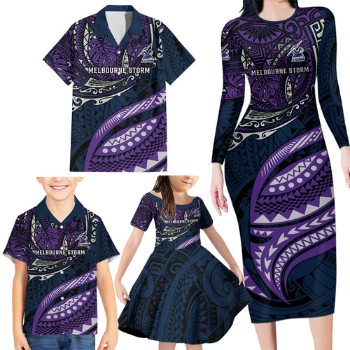 Personalised Melbourne Storm Family Matching Long Sleeve Bodycon Dress and Hawaiian Shirt Polynesian Tribal Art Style With Cyborg Storm Mascot