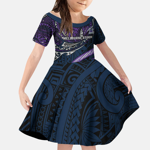 Personalised Melbourne Storm Family Matching Long Sleeve Bodycon Dress and Hawaiian Shirt Polynesian Tribal Art Style With Cyborg Storm Mascot