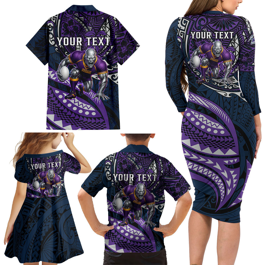 Personalised Melbourne Storm Family Matching Long Sleeve Bodycon Dress and Hawaiian Shirt Polynesian Tribal Art Style With Cyborg Storm Mascot