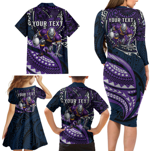 Personalised Melbourne Storm Family Matching Long Sleeve Bodycon Dress and Hawaiian Shirt Polynesian Tribal Art Style With Cyborg Storm Mascot