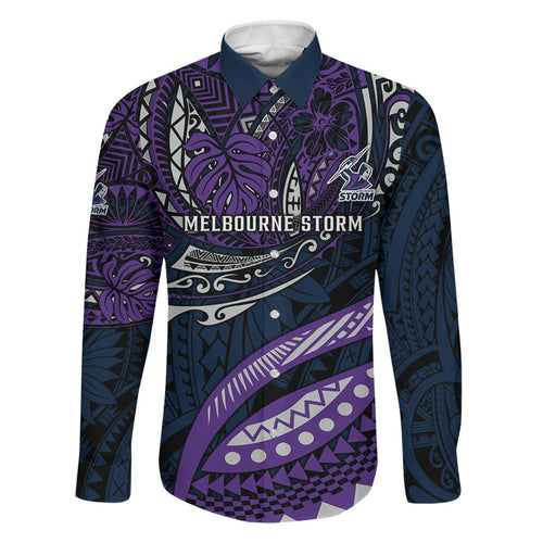 Personalised Melbourne Storm Family Matching Long Sleeve Bodycon Dress and Hawaiian Shirt Polynesian Tribal Art Style With Cyborg Storm Mascot