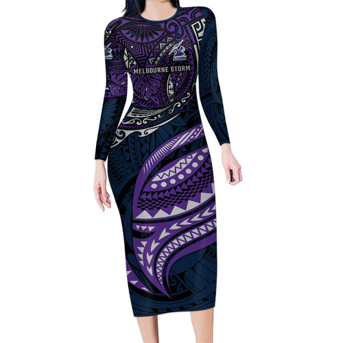 Personalised Melbourne Storm Family Matching Long Sleeve Bodycon Dress and Hawaiian Shirt Polynesian Tribal Art Style With Cyborg Storm Mascot