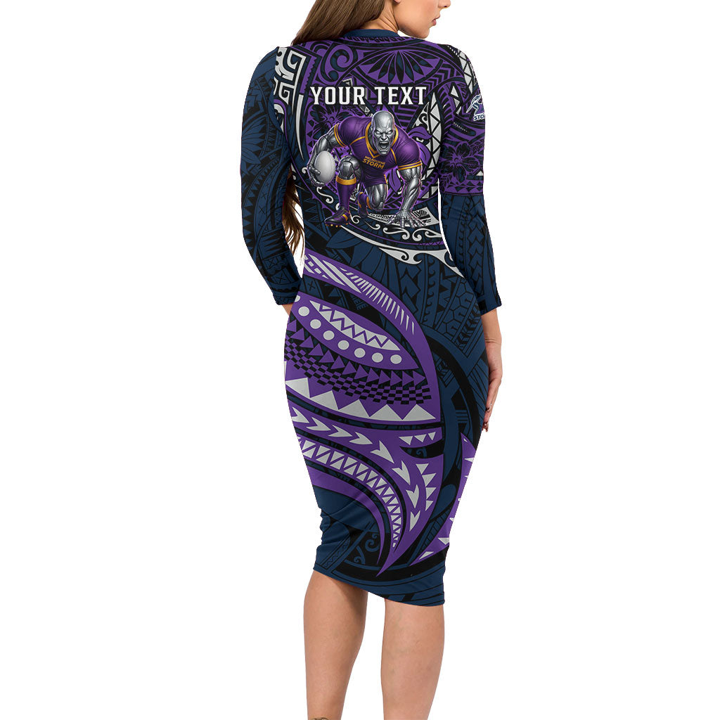 Personalised Melbourne Storm Family Matching Long Sleeve Bodycon Dress and Hawaiian Shirt Polynesian Tribal Art Style With Cyborg Storm Mascot