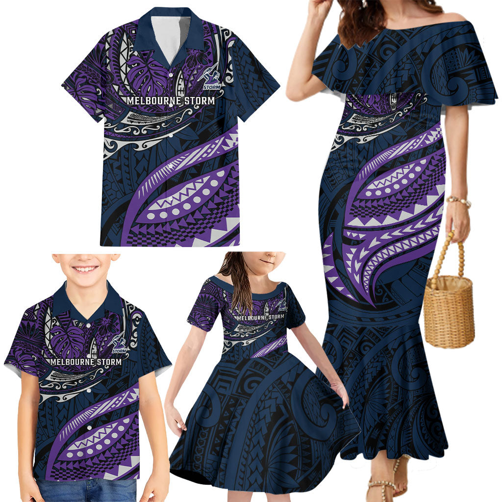Personalised Melbourne Storm Family Matching Mermaid Dress and Hawaiian Shirt Polynesian Tribal Art Style With Cyborg Storm Mascot