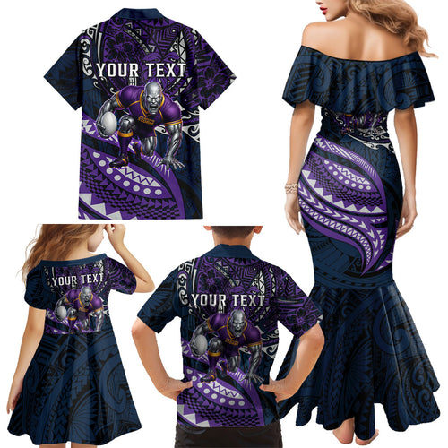 Personalised Melbourne Storm Family Matching Mermaid Dress and Hawaiian Shirt Polynesian Tribal Art Style With Cyborg Storm Mascot