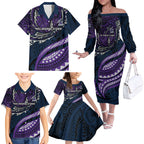 Personalised Melbourne Storm Family Matching Off The Shoulder Long Sleeve Dress and Hawaiian Shirt Polynesian Tribal Art Style With Cyborg Storm Mascot