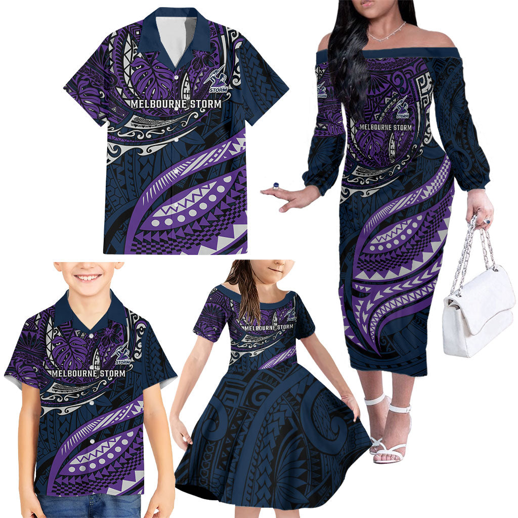 Personalised Melbourne Storm Family Matching Off The Shoulder Long Sleeve Dress and Hawaiian Shirt Polynesian Tribal Art Style With Cyborg Storm Mascot