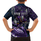 Personalised Melbourne Storm Family Matching Off The Shoulder Long Sleeve Dress and Hawaiian Shirt Polynesian Tribal Art Style With Cyborg Storm Mascot