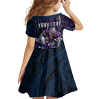 Personalised Melbourne Storm Family Matching Off The Shoulder Long Sleeve Dress and Hawaiian Shirt Polynesian Tribal Art Style With Cyborg Storm Mascot