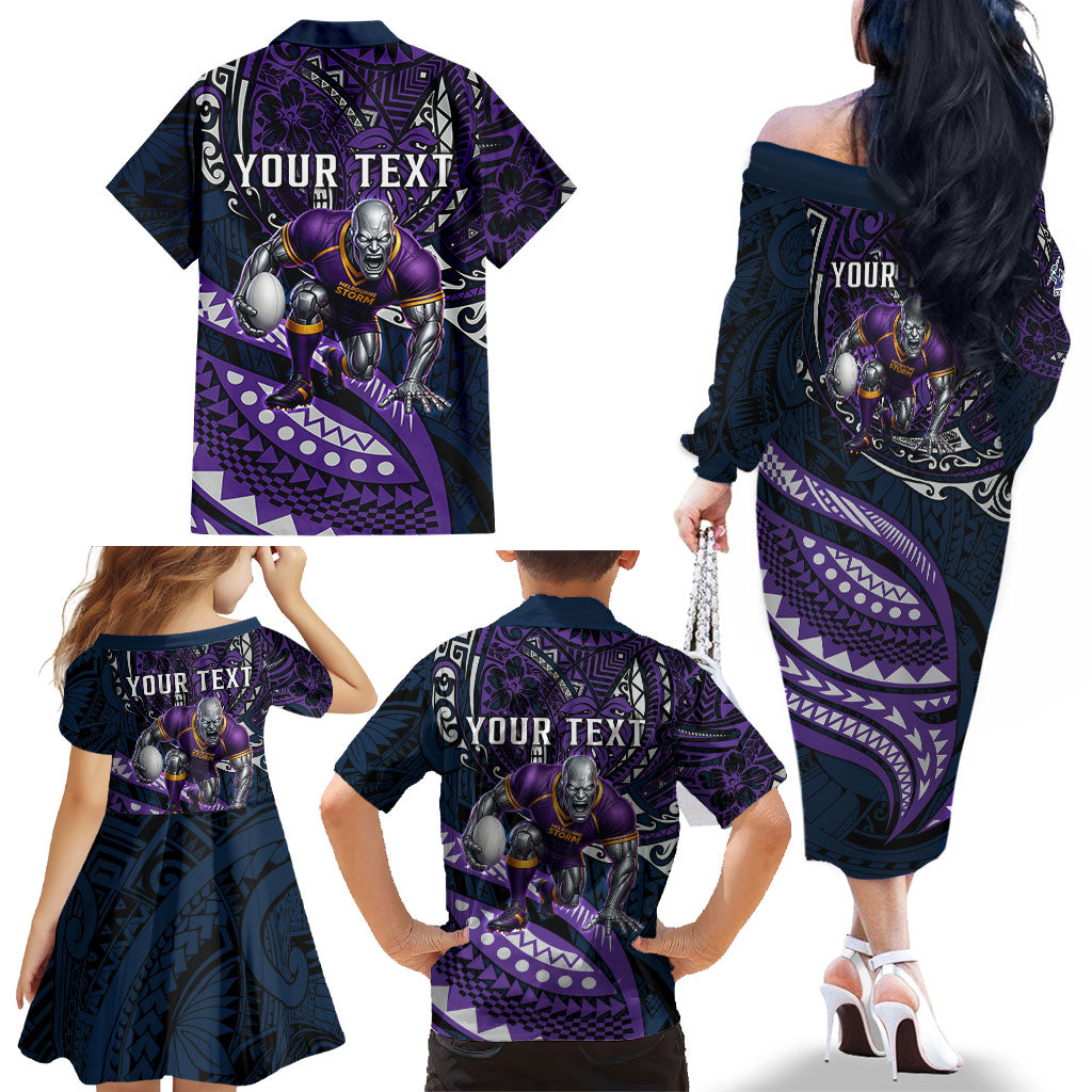 Personalised Melbourne Storm Family Matching Off The Shoulder Long Sleeve Dress and Hawaiian Shirt Polynesian Tribal Art Style With Cyborg Storm Mascot