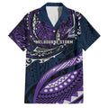 Personalised Melbourne Storm Family Matching Off The Shoulder Long Sleeve Dress and Hawaiian Shirt Polynesian Tribal Art Style With Cyborg Storm Mascot