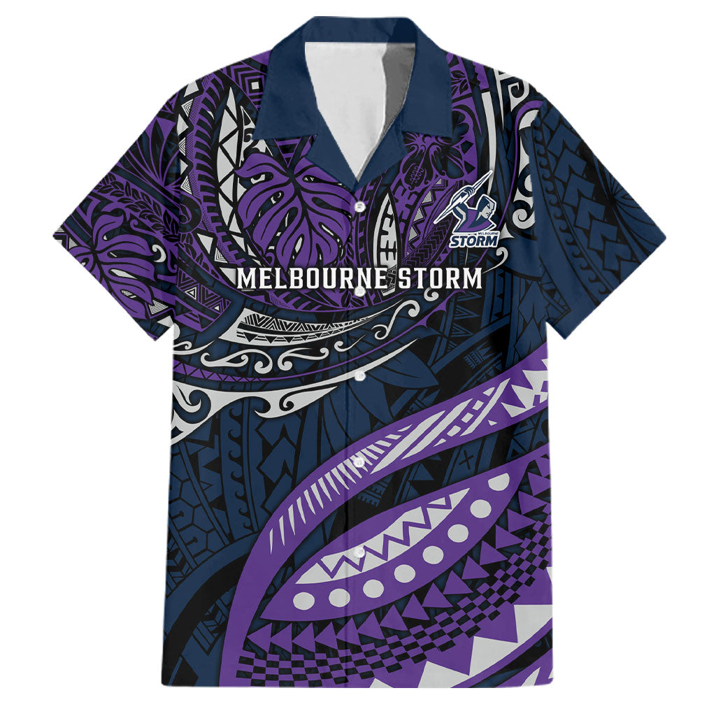 Personalised Melbourne Storm Family Matching Off The Shoulder Long Sleeve Dress and Hawaiian Shirt Polynesian Tribal Art Style With Cyborg Storm Mascot