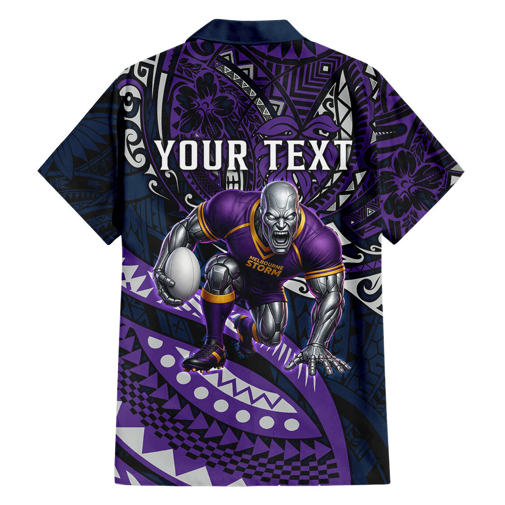 Personalised Melbourne Storm Family Matching Off The Shoulder Long Sleeve Dress and Hawaiian Shirt Polynesian Tribal Art Style With Cyborg Storm Mascot