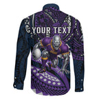 Personalised Melbourne Storm Family Matching Off The Shoulder Long Sleeve Dress and Hawaiian Shirt Polynesian Tribal Art Style With Cyborg Storm Mascot