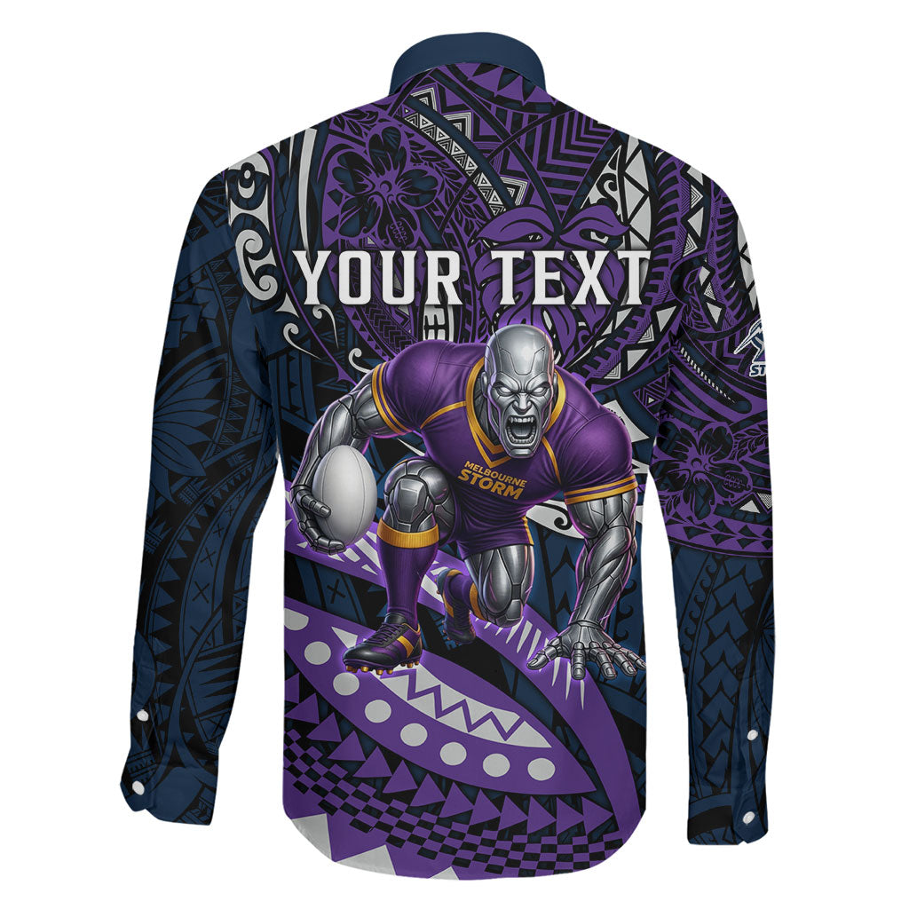 Personalised Melbourne Storm Family Matching Off The Shoulder Long Sleeve Dress and Hawaiian Shirt Polynesian Tribal Art Style With Cyborg Storm Mascot