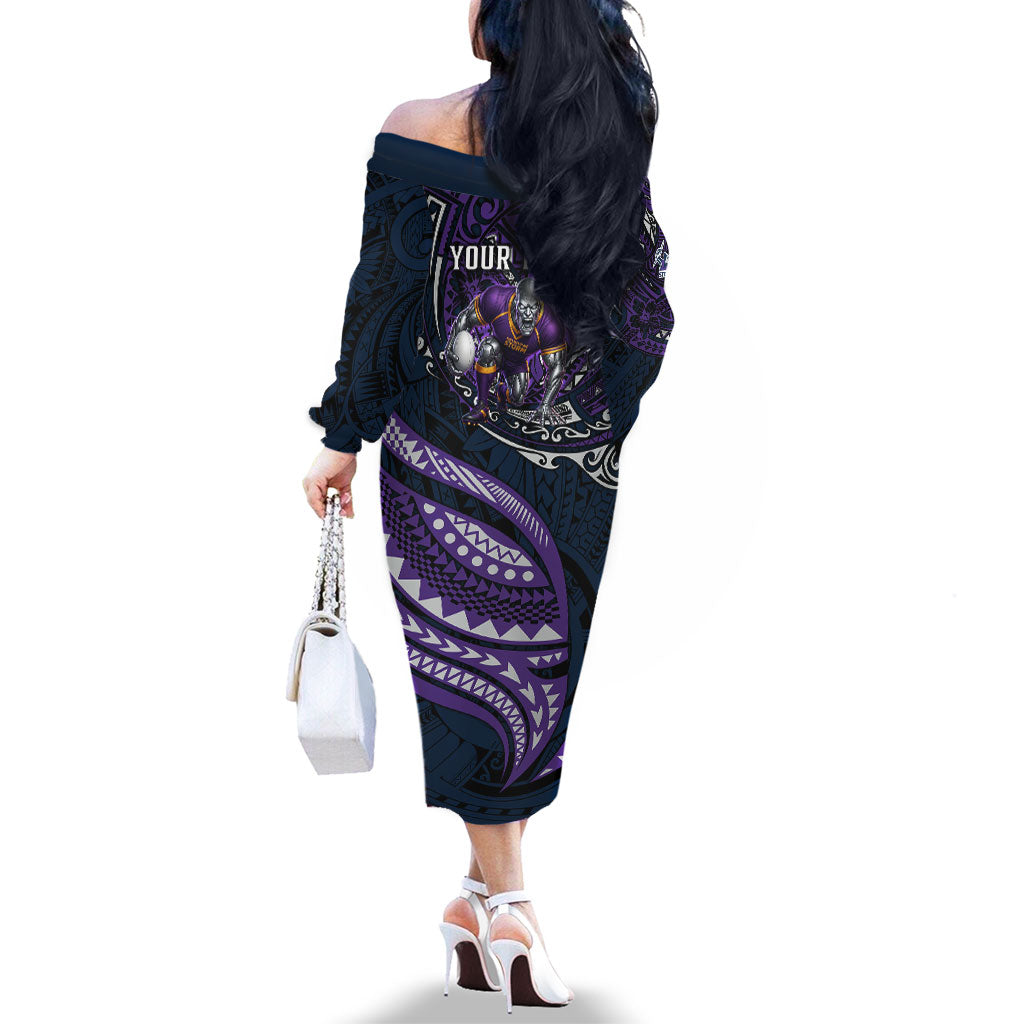 Personalised Melbourne Storm Family Matching Off The Shoulder Long Sleeve Dress and Hawaiian Shirt Polynesian Tribal Art Style With Cyborg Storm Mascot