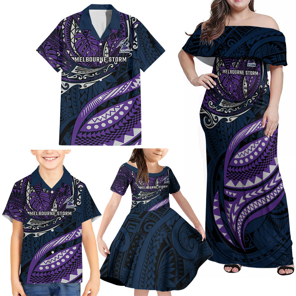 Personalised Melbourne Storm Family Matching Off Shoulder Maxi Dress and Hawaiian Shirt Polynesian Tribal Art Style With Cyborg Storm Mascot