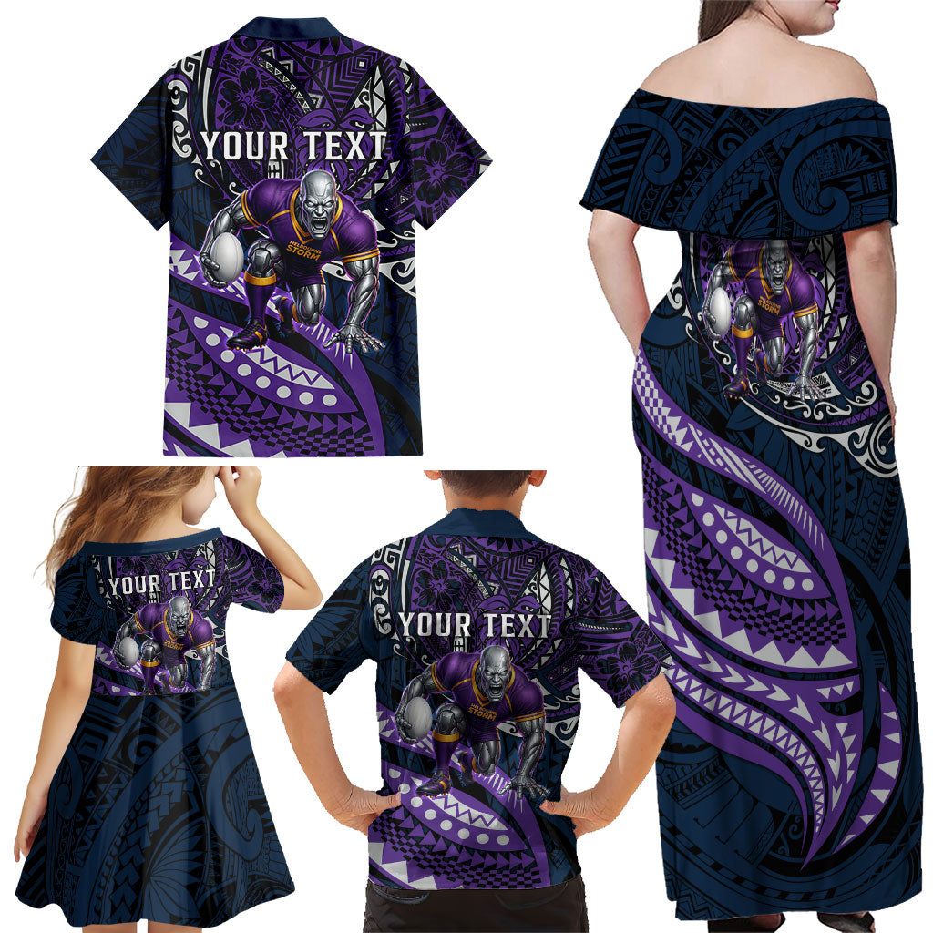 Personalised Melbourne Storm Family Matching Off Shoulder Maxi Dress and Hawaiian Shirt Polynesian Tribal Art Style With Cyborg Storm Mascot