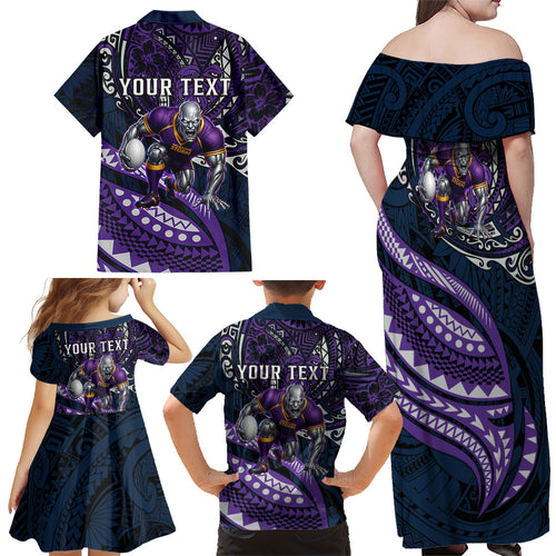 Personalised Melbourne Storm Family Matching Off Shoulder Maxi Dress and Hawaiian Shirt Polynesian Tribal Art Style With Cyborg Storm Mascot