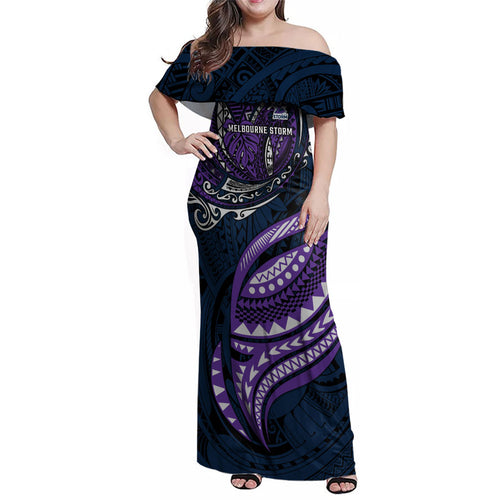 Personalised Melbourne Storm Family Matching Off Shoulder Maxi Dress and Hawaiian Shirt Polynesian Tribal Art Style With Cyborg Storm Mascot