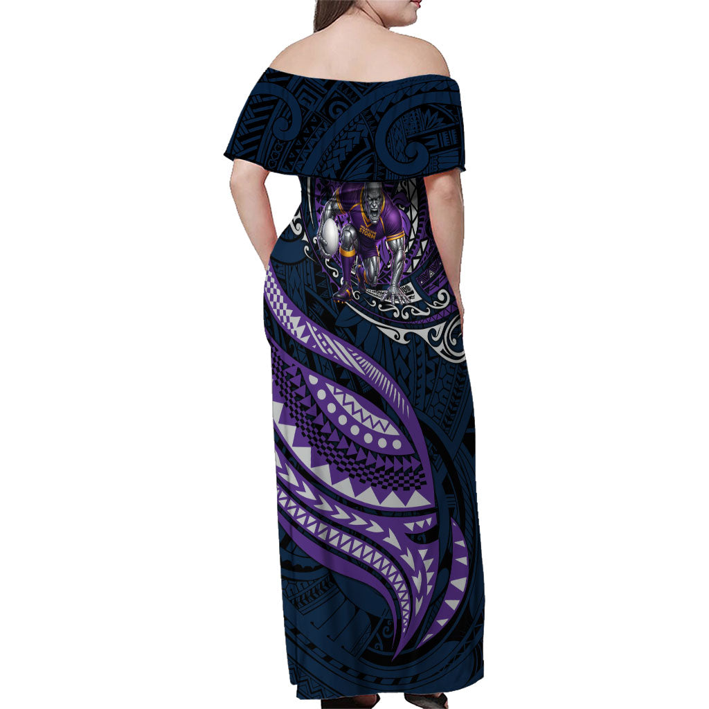 Personalised Melbourne Storm Family Matching Off Shoulder Maxi Dress and Hawaiian Shirt Polynesian Tribal Art Style With Cyborg Storm Mascot