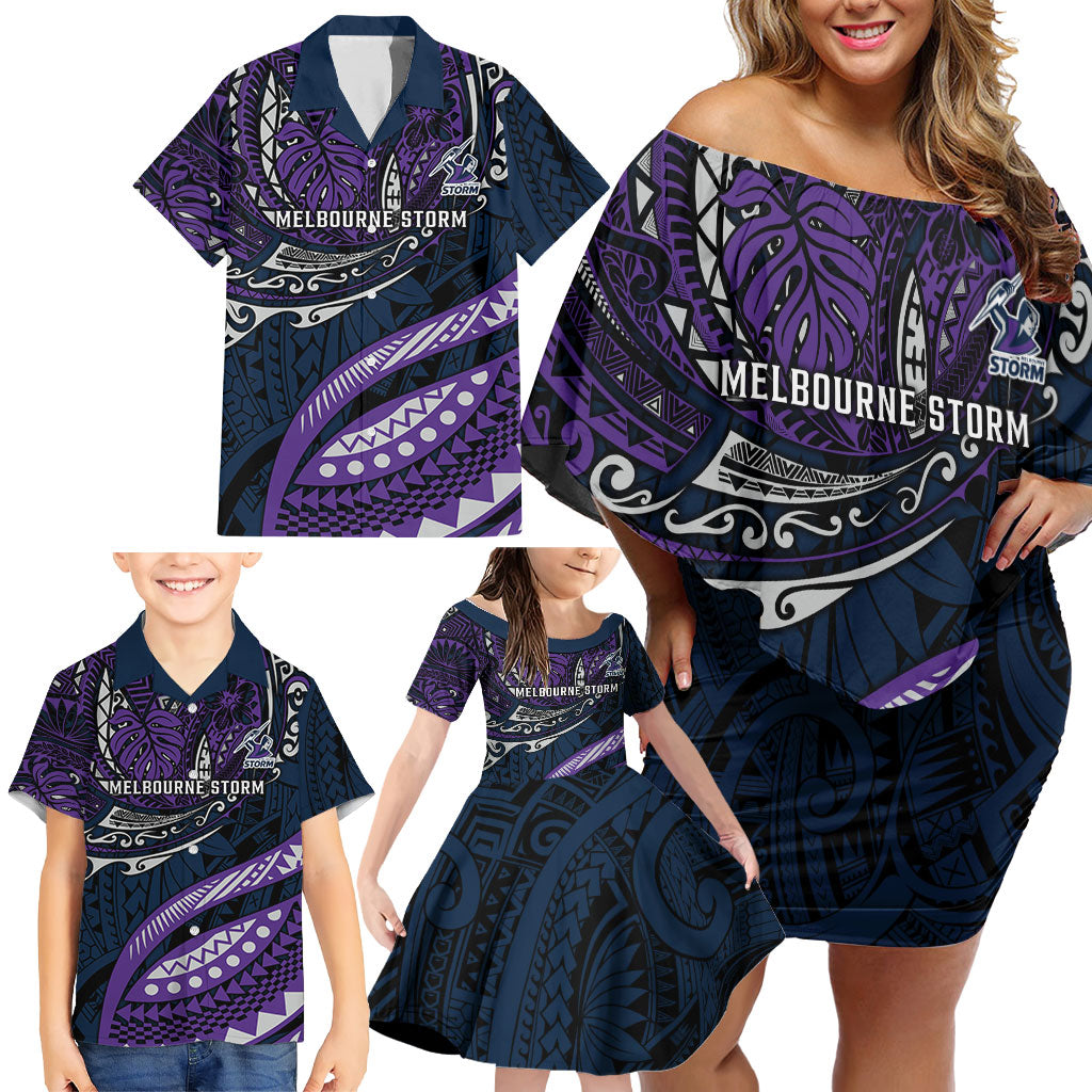 Personalised Melbourne Storm Family Matching Off Shoulder Short Dress and Hawaiian Shirt Polynesian Tribal Art Style With Cyborg Storm Mascot
