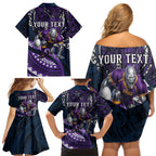 Personalised Melbourne Storm Family Matching Off Shoulder Short Dress and Hawaiian Shirt Polynesian Tribal Art Style With Cyborg Storm Mascot