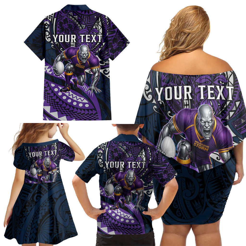 Personalised Melbourne Storm Family Matching Off Shoulder Short Dress and Hawaiian Shirt Polynesian Tribal Art Style With Cyborg Storm Mascot