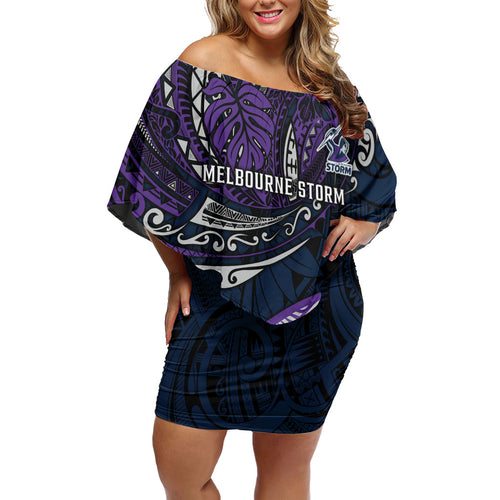 Personalised Melbourne Storm Family Matching Off Shoulder Short Dress and Hawaiian Shirt Polynesian Tribal Art Style With Cyborg Storm Mascot