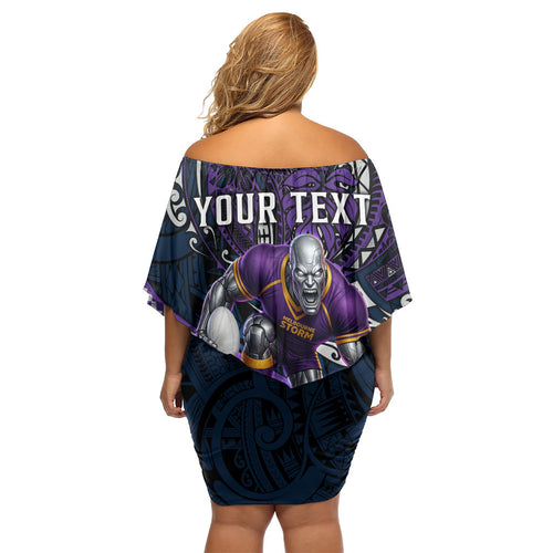 Personalised Melbourne Storm Family Matching Off Shoulder Short Dress and Hawaiian Shirt Polynesian Tribal Art Style With Cyborg Storm Mascot