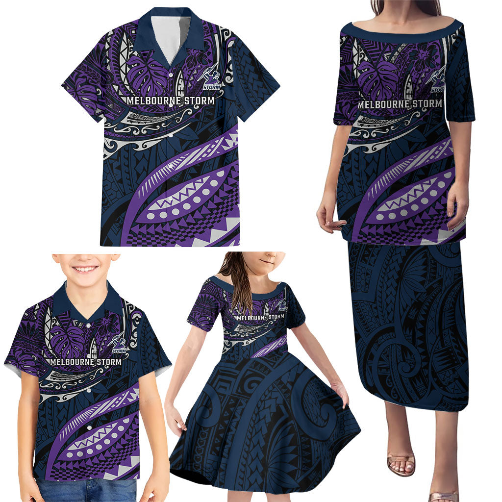 Personalised Melbourne Storm Family Matching Puletasi and Hawaiian Shirt Polynesian Tribal Art Style With Cyborg Storm Mascot