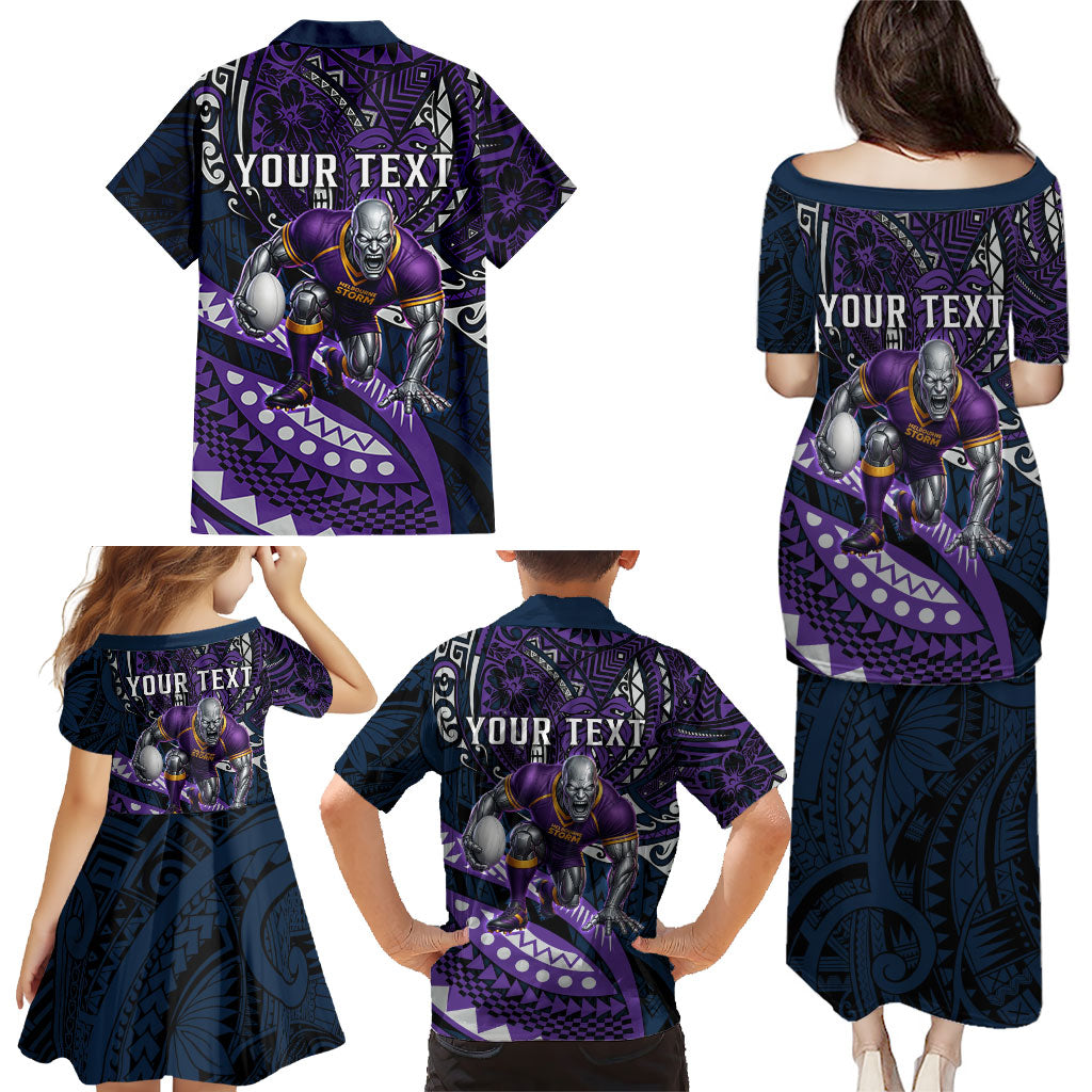Personalised Melbourne Storm Family Matching Puletasi and Hawaiian Shirt Polynesian Tribal Art Style With Cyborg Storm Mascot