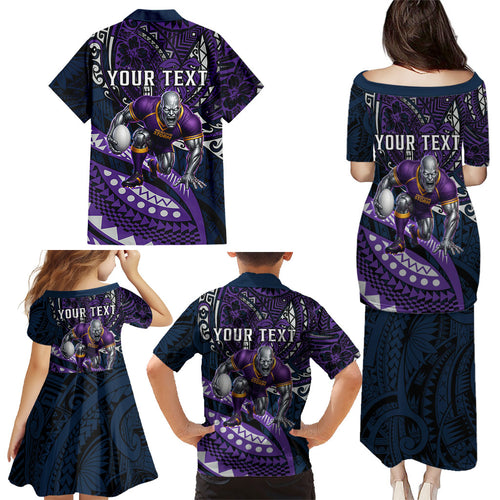 Personalised Melbourne Storm Family Matching Puletasi and Hawaiian Shirt Polynesian Tribal Art Style With Cyborg Storm Mascot
