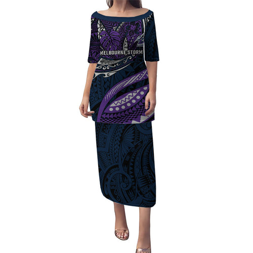Personalised Melbourne Storm Family Matching Puletasi and Hawaiian Shirt Polynesian Tribal Art Style With Cyborg Storm Mascot