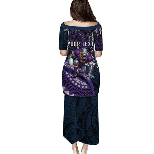 Personalised Melbourne Storm Family Matching Puletasi and Hawaiian Shirt Polynesian Tribal Art Style With Cyborg Storm Mascot