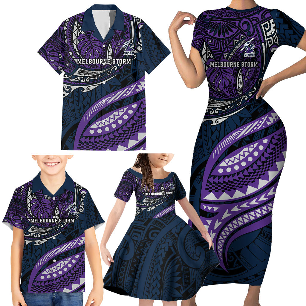 Personalised Melbourne Storm Family Matching Short Sleeve Bodycon Dress and Hawaiian Shirt Polynesian Tribal Art Style With Cyborg Storm Mascot