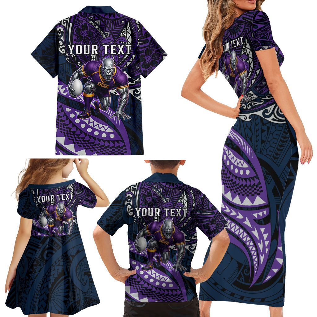 Personalised Melbourne Storm Family Matching Short Sleeve Bodycon Dress and Hawaiian Shirt Polynesian Tribal Art Style With Cyborg Storm Mascot