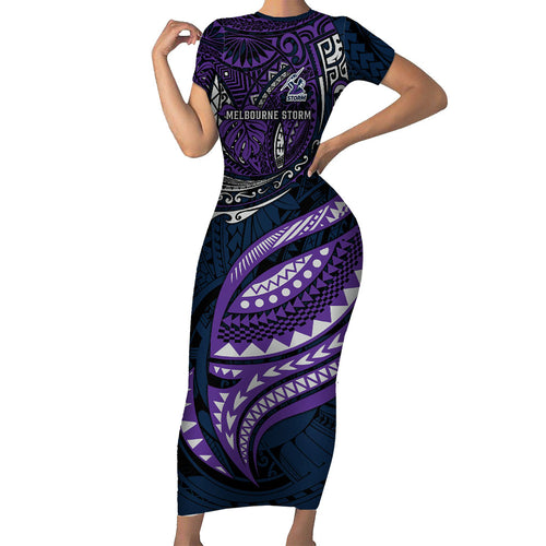 Personalised Melbourne Storm Family Matching Short Sleeve Bodycon Dress and Hawaiian Shirt Polynesian Tribal Art Style With Cyborg Storm Mascot