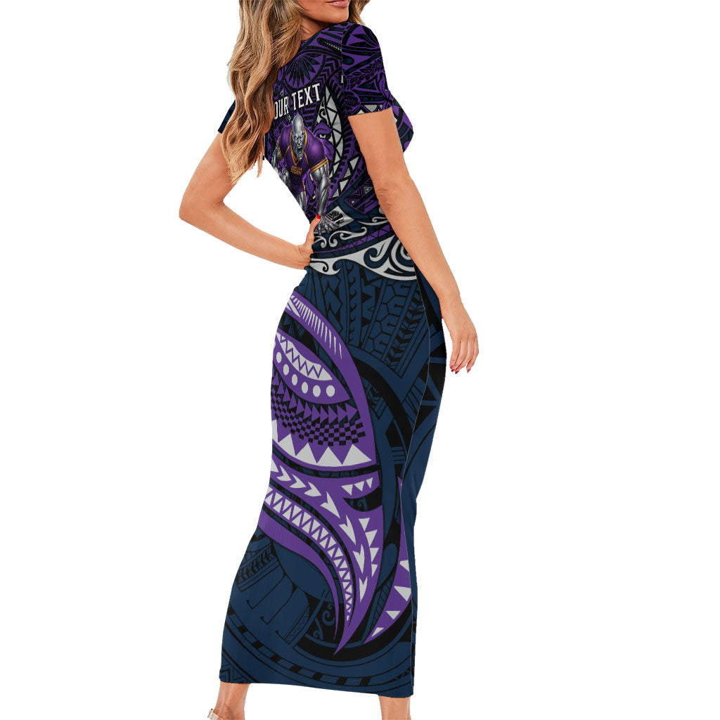 Personalised Melbourne Storm Family Matching Short Sleeve Bodycon Dress and Hawaiian Shirt Polynesian Tribal Art Style With Cyborg Storm Mascot