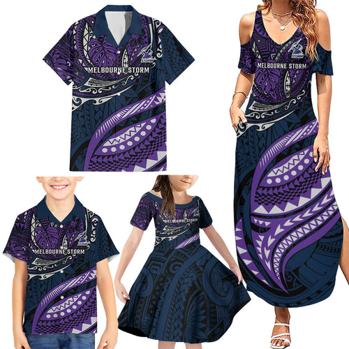 Personalised Melbourne Storm Family Matching Summer Maxi Dress and Hawaiian Shirt Polynesian Tribal Art Style With Cyborg Storm Mascot