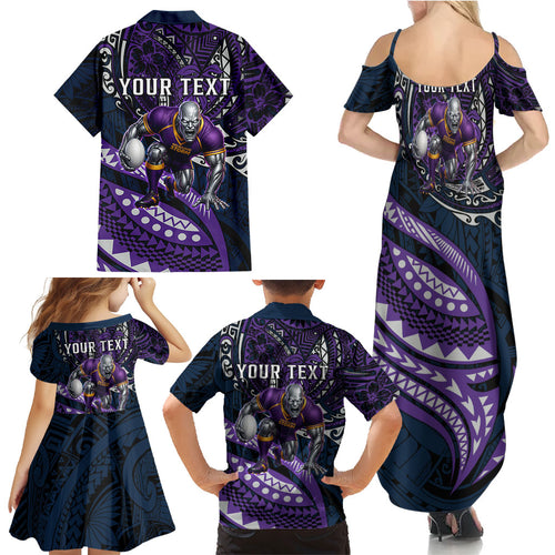 Personalised Melbourne Storm Family Matching Summer Maxi Dress and Hawaiian Shirt Polynesian Tribal Art Style With Cyborg Storm Mascot
