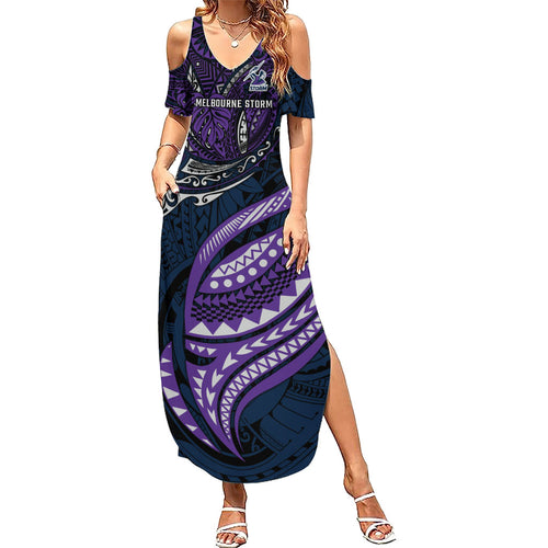 Personalised Melbourne Storm Family Matching Summer Maxi Dress and Hawaiian Shirt Polynesian Tribal Art Style With Cyborg Storm Mascot