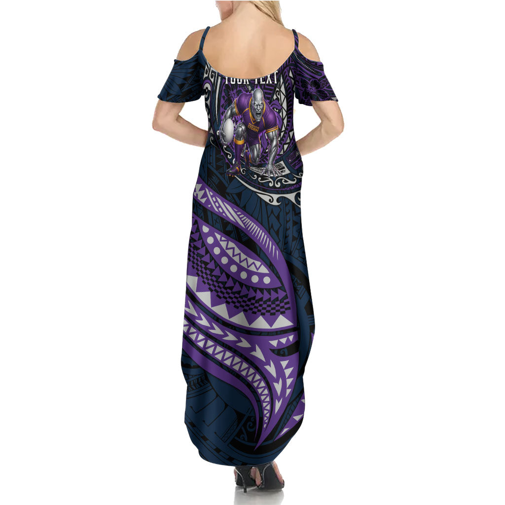 Personalised Melbourne Storm Family Matching Summer Maxi Dress and Hawaiian Shirt Polynesian Tribal Art Style With Cyborg Storm Mascot
